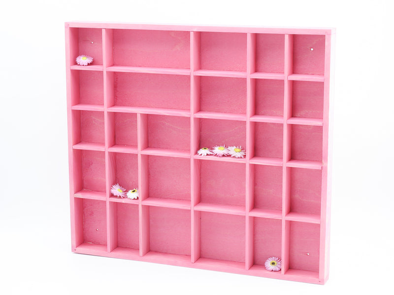 Wooden Display Box with 28 Compartments Stained Pink