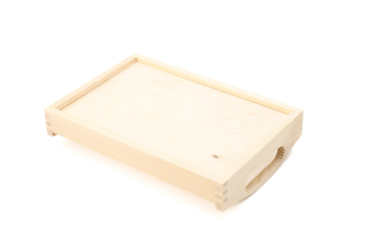 A set of 3 unfinished wooden trays with cut out handles on a white background. The trays come in different sizes and shapes: small (30cmx20cmx5cm), medium (39.5cmx24cmx6.3cm), and large (50cmx40cmx6.3cm). The trays have a natural wood color and texture. They can be used for serving, organizing, or decorating.