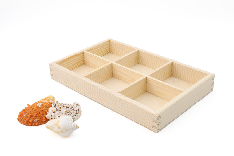 Wooden Display Box with 6 Compartments Natural Color Unfinished