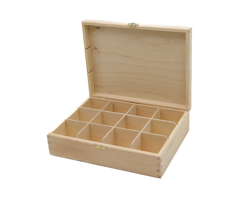 Unfinished Wooden Tea Bag Box with 12 Compartments and Latch