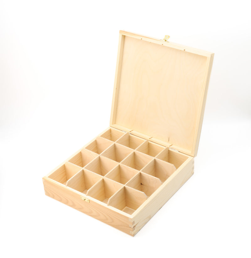 Unfinished Wooden Tea Bag Box with 16 Compartments with Latch