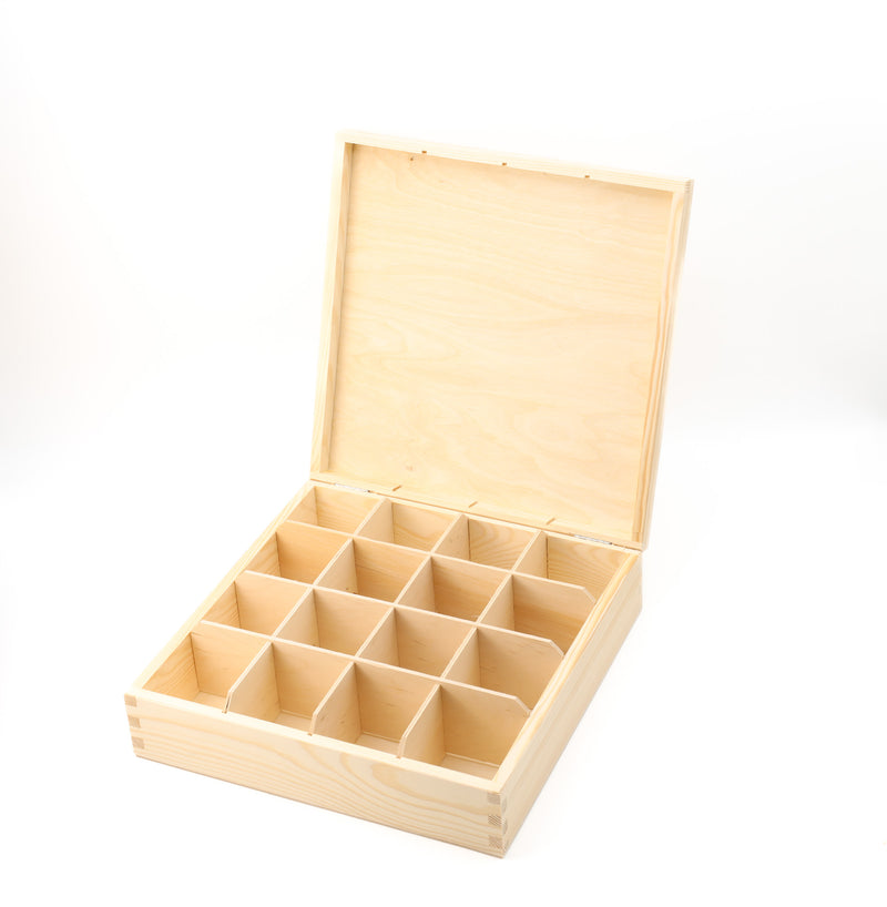 Unfinished Wooden Tea Bag Box with 16 Compartments