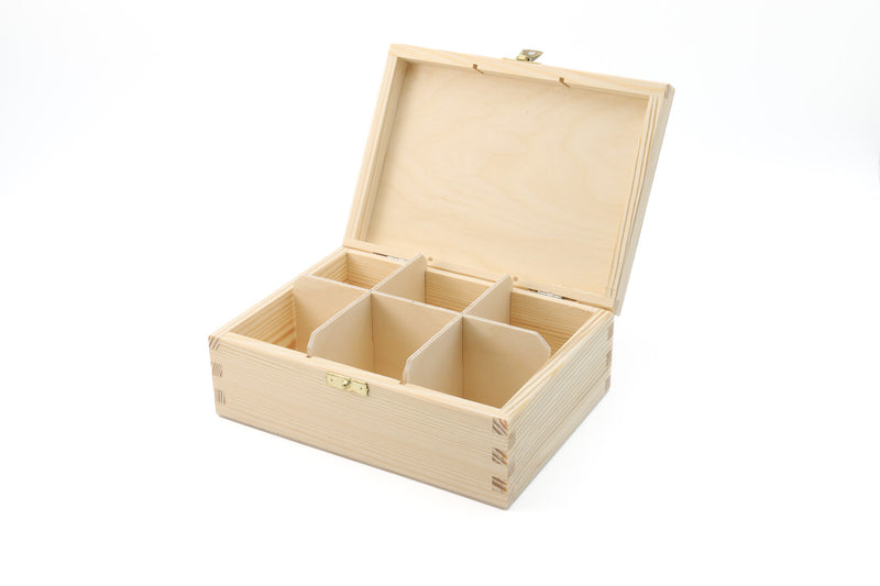 Unfinished Wooden Tea Bag Box with 6 Compartments and Latch