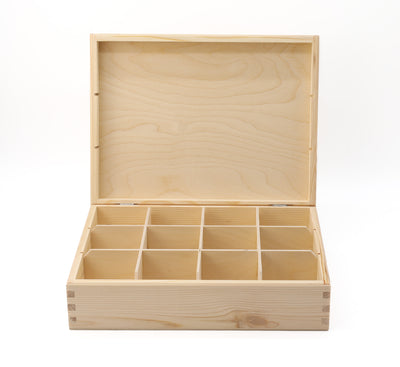 Unfinished Wooden Tea Bag Box with 12 Compartments