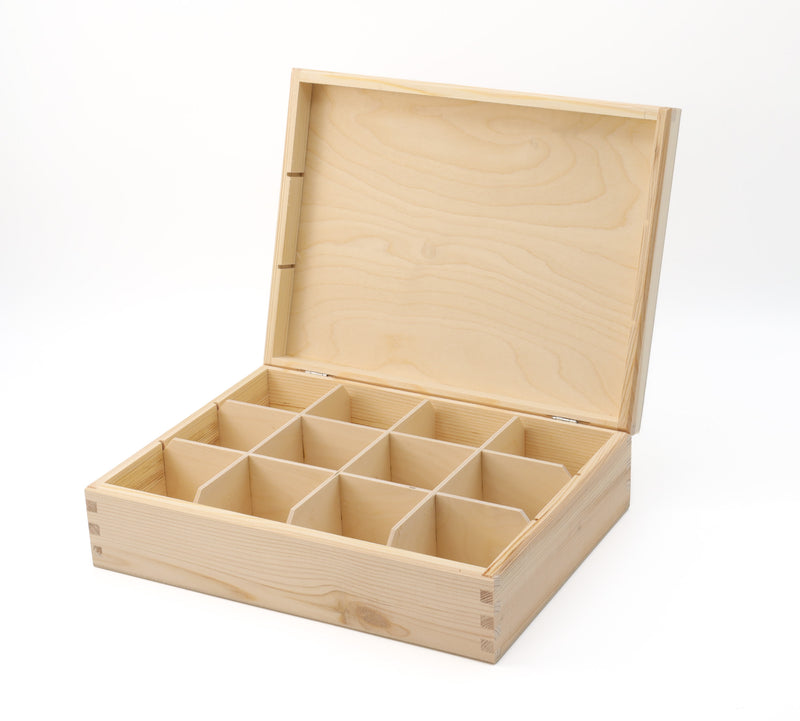 Unfinished Wooden Tea Bag Box with 12 Compartments