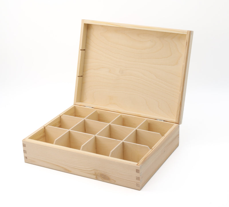 Unfinished Wooden Tea Bag Box with 12 Compartments