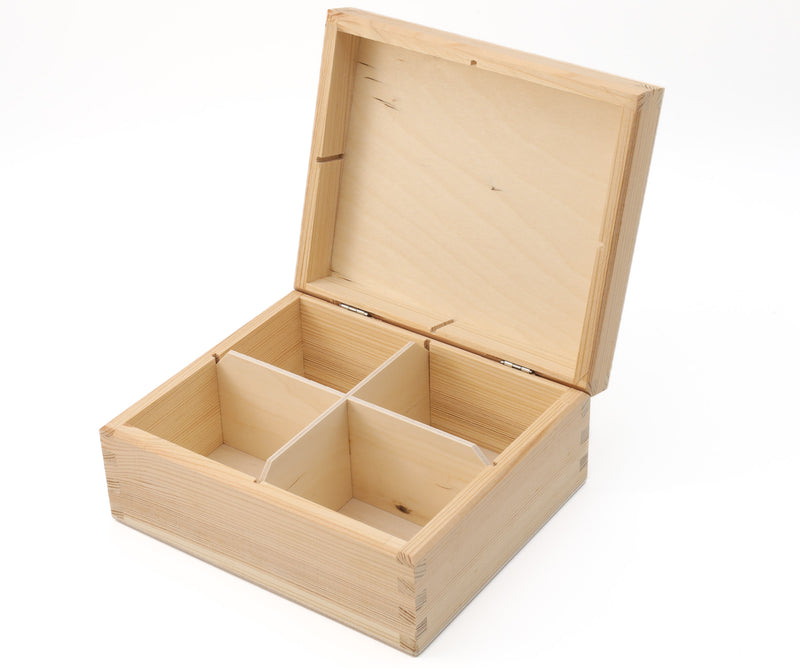 Unfinished Wooden Tea Bag Box with 4 Compartments