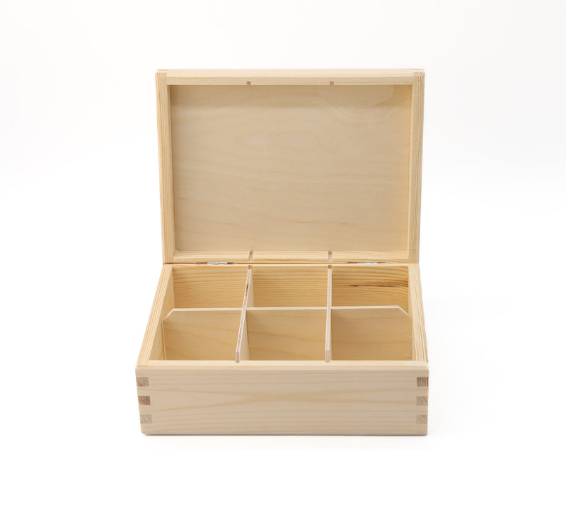 Unfinshed Wooden Tea Bag Box with 6 Compartments