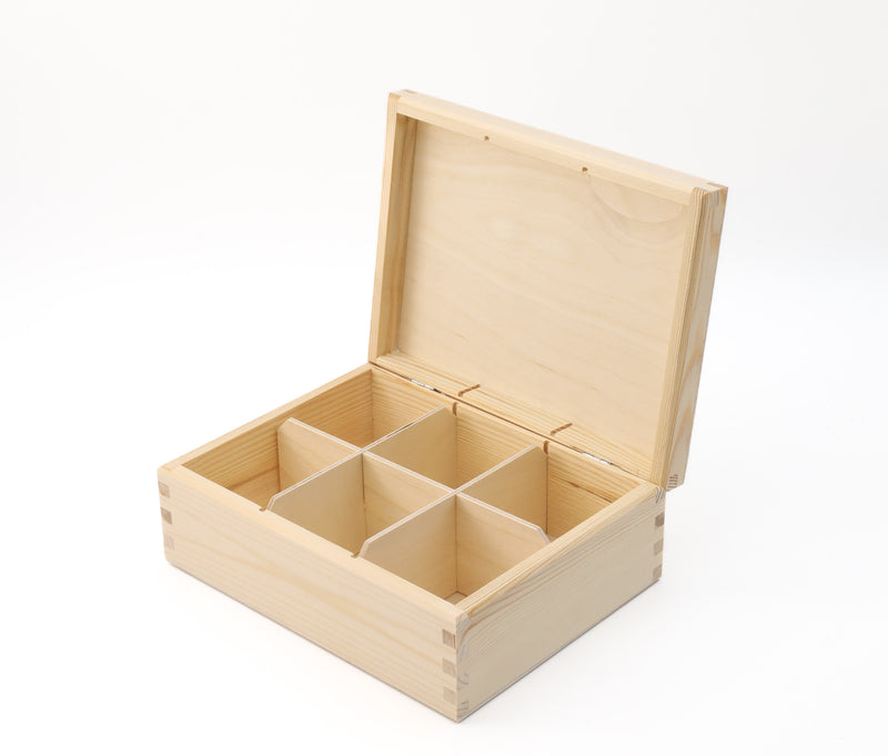 Unfinshed Wooden Tea Bag Box with 6 Compartments