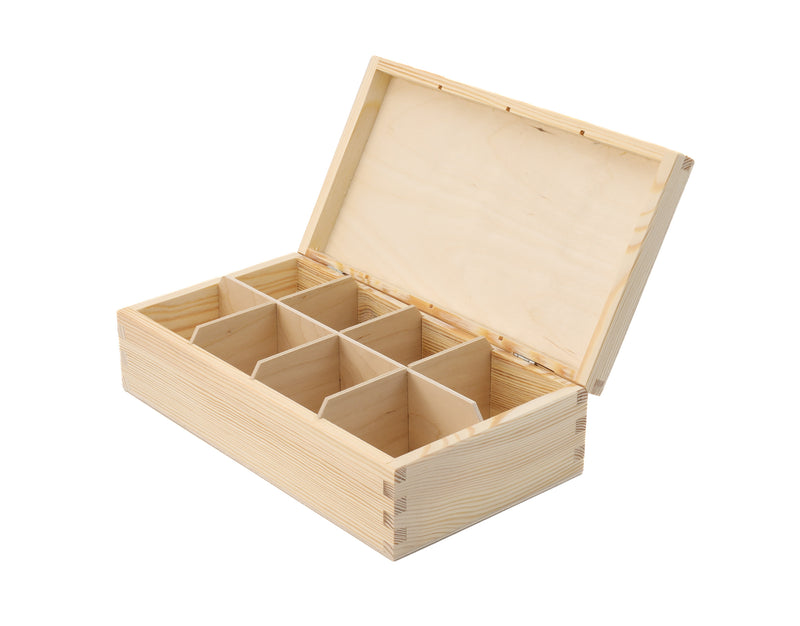 Unfinshed Wooden Tea Bag Box with 8 Compartments