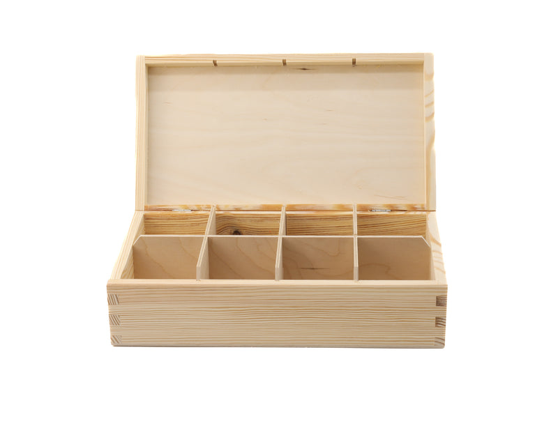 Unfinshed Wooden Tea Bag Box with 8 Compartments