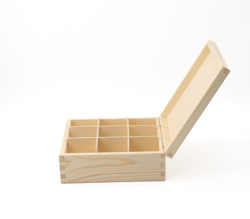 Unfinished Wooden Tea Bag Box with 9 Compartments