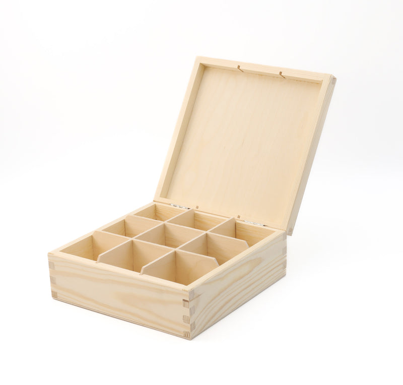 Unfinished Wooden Tea Bag Box with 9 Compartments